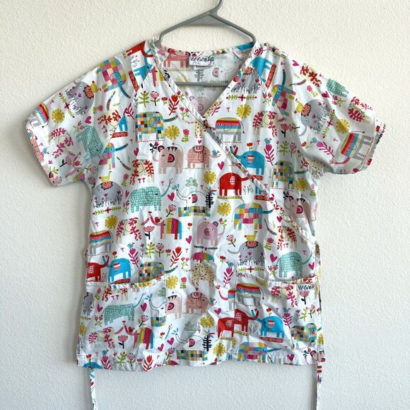 UA Scrubs Wrap/Tie Scrub Top- Elephant Print- SMALL - Picture 1 of 4